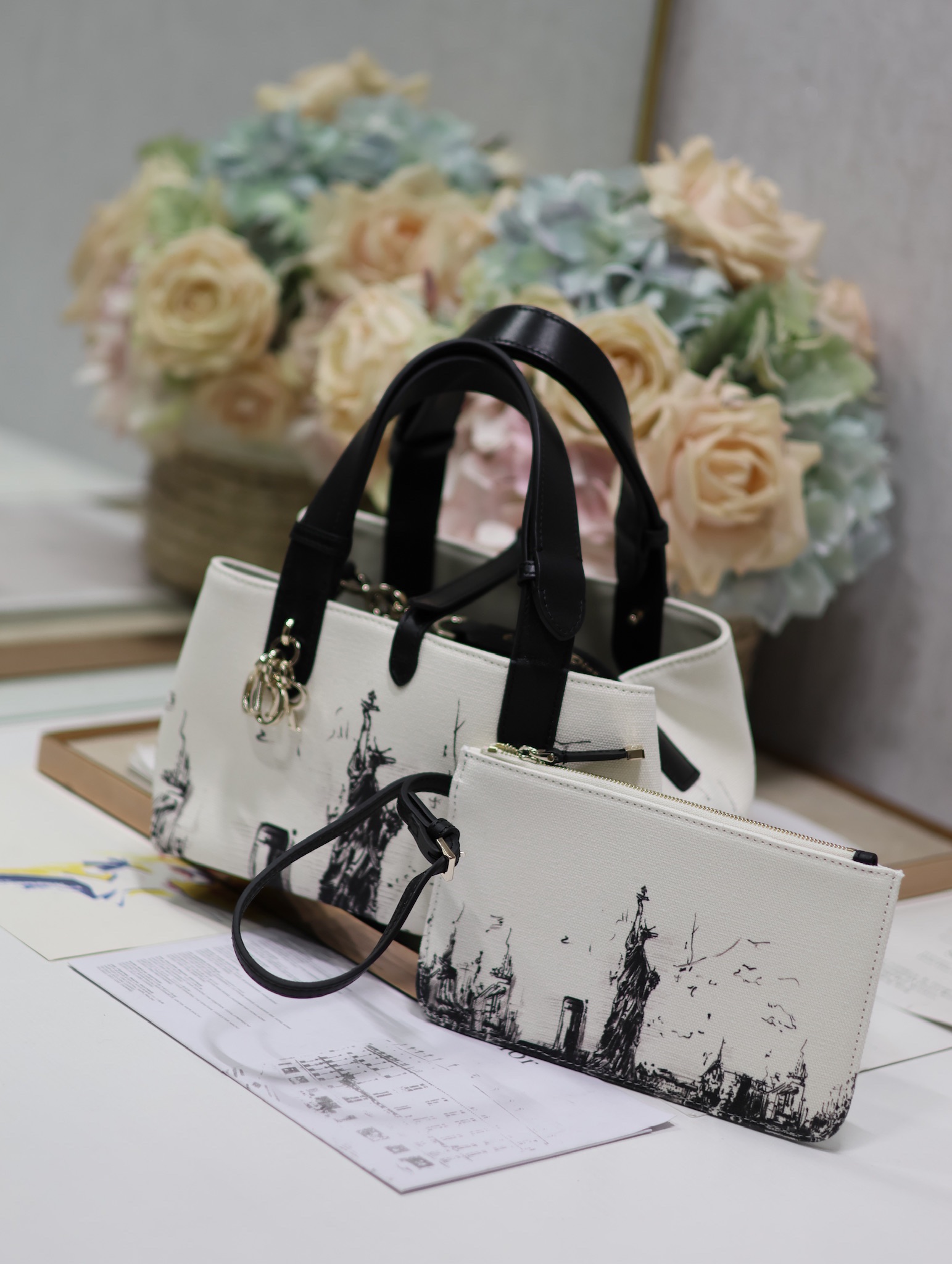 Small Dior Toujours Bag Latte and Black Canvas with New York Print